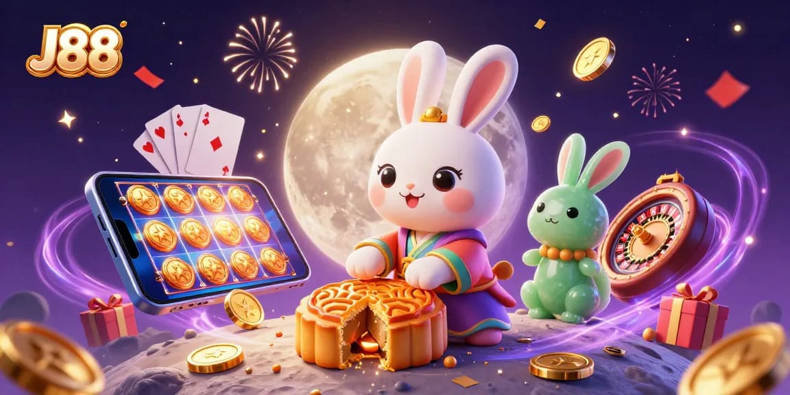 Experience thrilling gaming adventures with J88's festive moon rabbit scene featuring poker chips and vibrant slot games.
