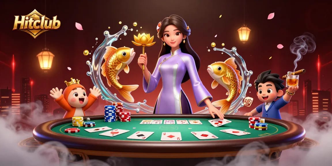 Experience the thrill of gambling with Hitclub in a vibrant, energetic casino scene featuring poker and koi fish.