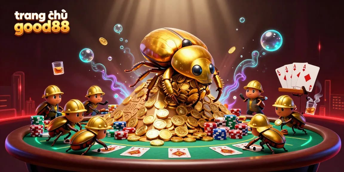 Engage with the vibrant world of trang chủ good88, where a golden beetle rolls coins amidst poker excitement.