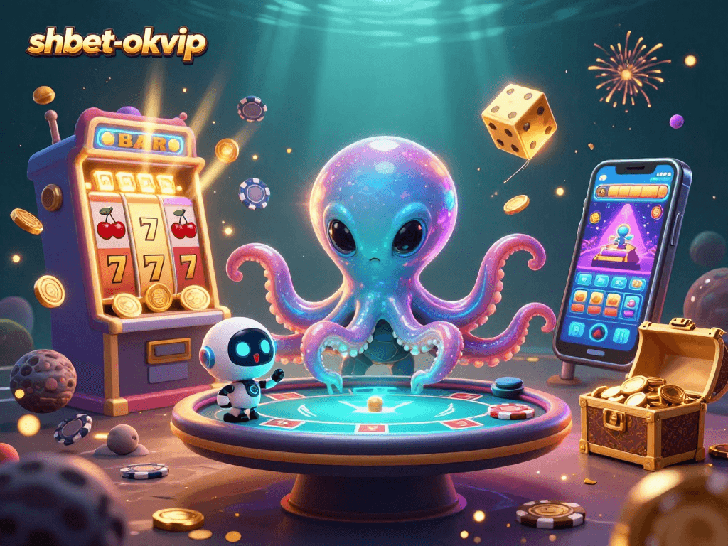 Engage with shbet-okvip via a dynamic 3D illustration featuring alien games, casino excitement, and vibrant elements