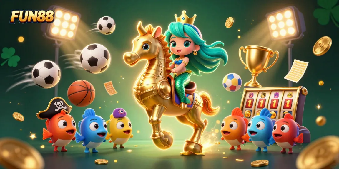 Players enjoy FUN88 with a vibrant 3D casino illustration featuring a mermaid, seahorse, and colorful characters.