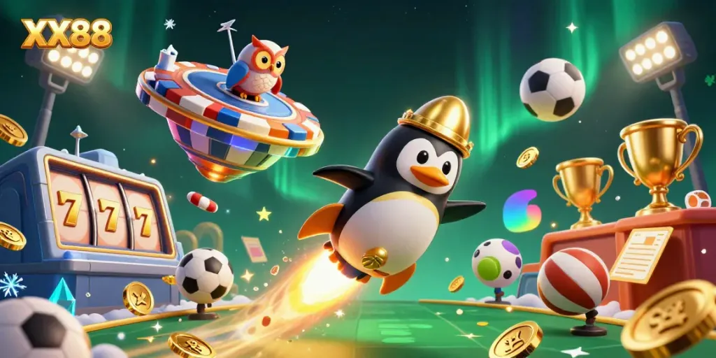 Experience the excitement of XX88 with a golden penguin soaring towards a casino spaceship amidst vibrant gaming elements.