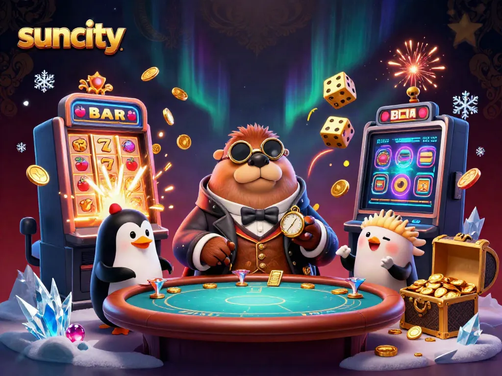 Suncity promotes an underwater casino scene with a jolly walrus, penguin dealer, and pufferfish player.