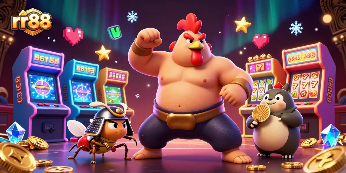 Experience the vibrant rr88 gaming adventure with cartoon sumo wrestler and playful elements.