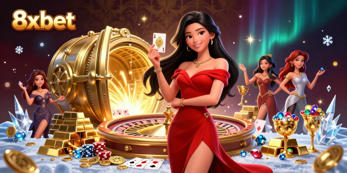 Experience the vibrant casino energy with 8xbet, showcasing a confident woman by a roulette wheel.