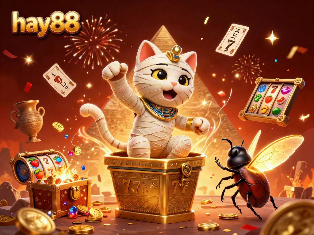 Experience the excitement of hay88 casino with an Egyptian mummy cat and treasures!
