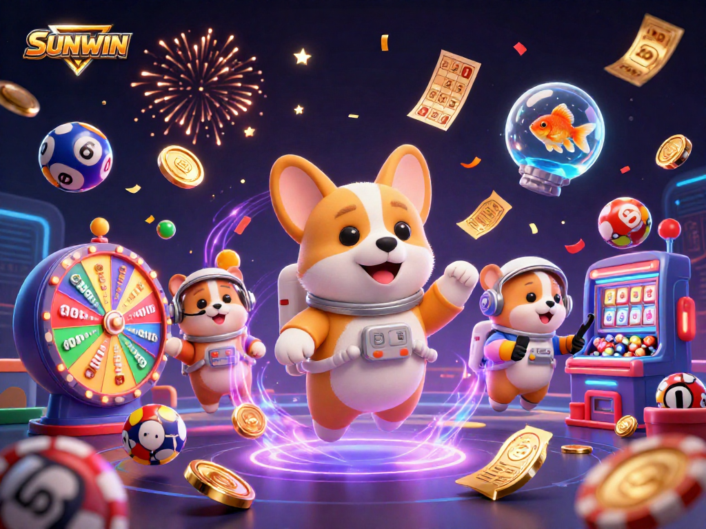 SUNWIN celebrates gaming with vibrant casino elements featuring astronauts and animals in a playful scene.