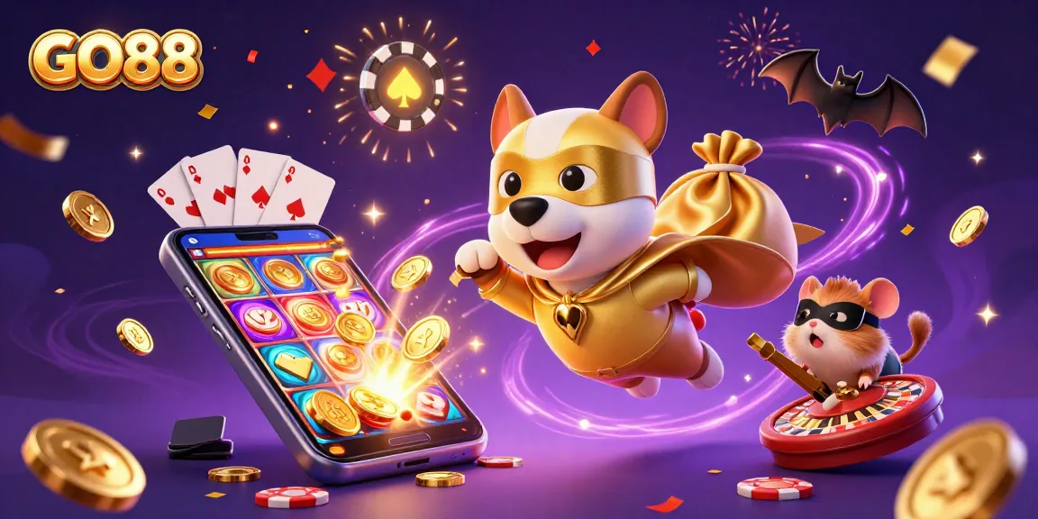 Engage in thrilling GO88 gaming adventures with a dynamic scene featuring cartoon superhero dog and hamster amidst gold coins and casino elements.