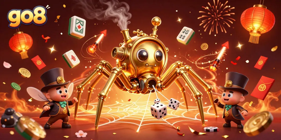 Feeling lucky with go8 as a golden spider catches dice in a vibrant casino scene.