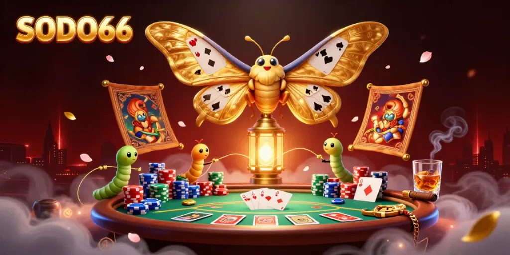 SODO66 players gather around a vibrant casino scene with a majestic moth, golden poker chips, and swirling decorations.