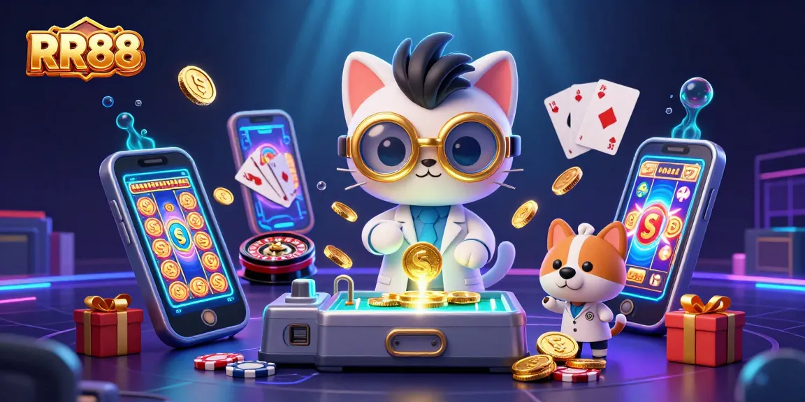 Experience excitement at RR88 with a 3D cartoon scene of a mad scientist cat generating gold, surrounded by vibrant gambling elements.
