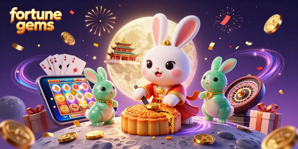 Experience the vibrant world of fortune gems with a moon rabbit and jade companion amidst casino symbols.