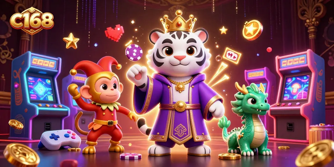 C168 casino illustration with a white tiger, golden monkey, and jade dragon, showcasing vibrant gambling elements