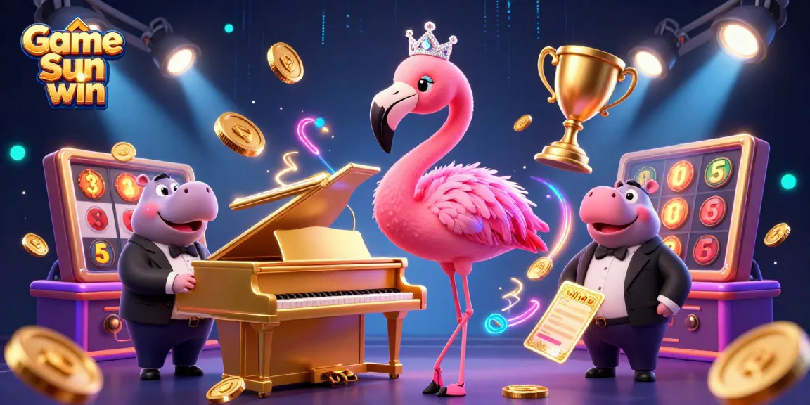 Experience exciting wins at Game Sun win with vibrant illustrations showcasing a flamingo singer and hippo bassist.