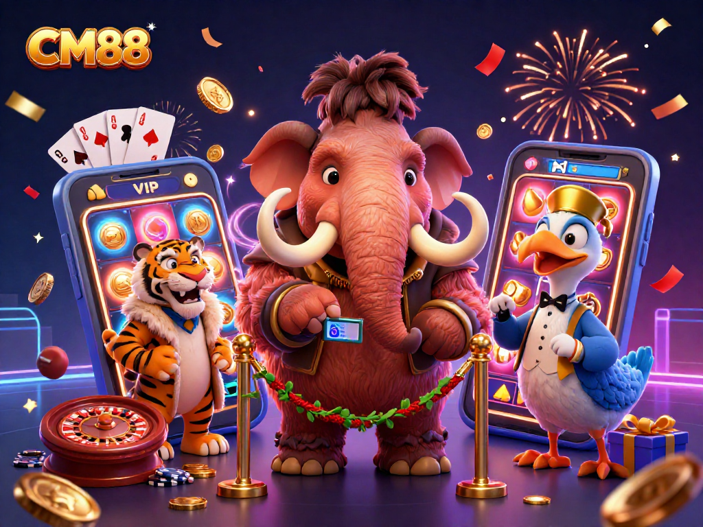 CM88 welcomes players with a playful scene featuring colorful slot games and rich casino interactions.