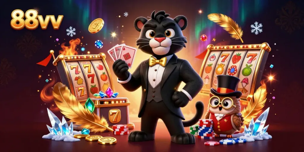 Engage in thrilling casino action with 88vv featuring a stylish panther, an owl, and a lucky mouse around vibrant slot games.