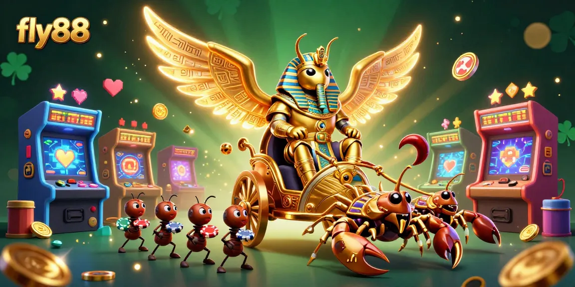 Experience thrilling gaming at fly88 with a dynamic scene filled with a colossal scarab beetle, scorpions, and poker chips.