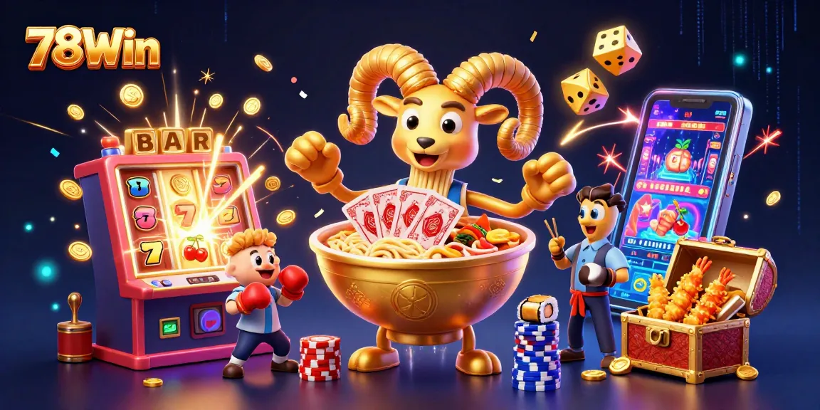 Experience excitement at 78Win with thrilling giant golden ramen bowl dealer amidst vibrant casino elements.
