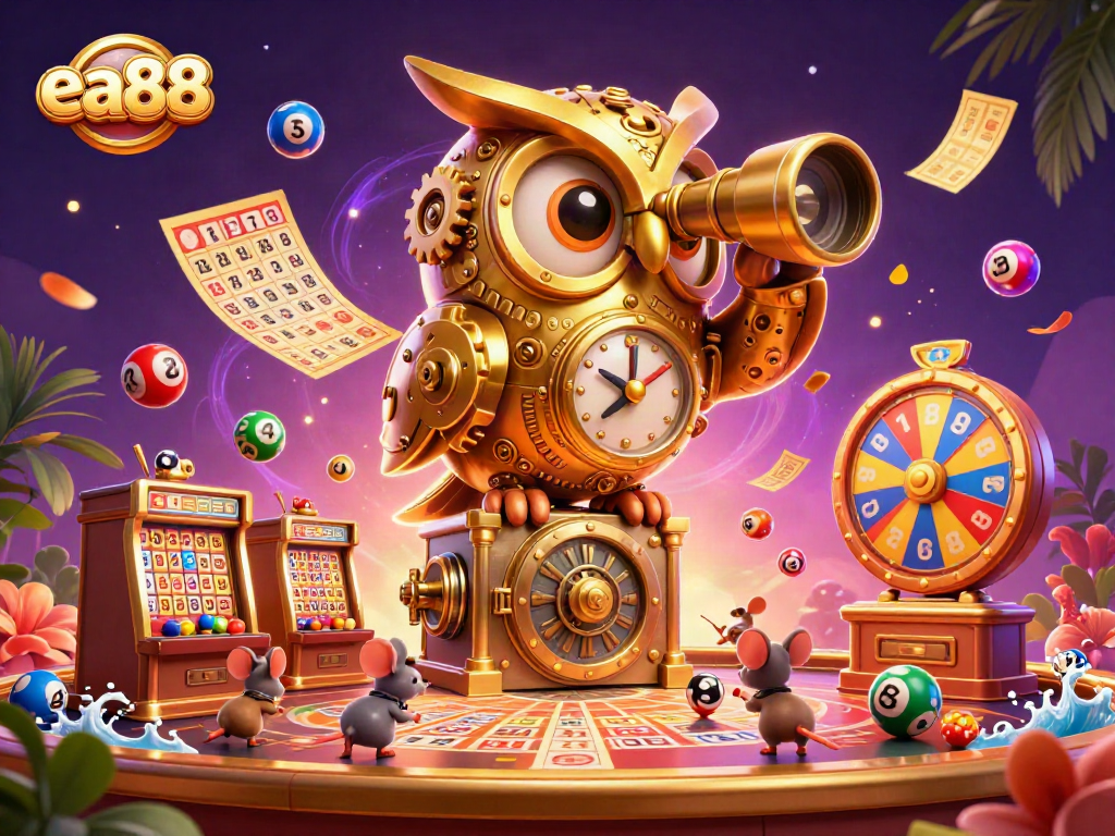 ea88 featuring a clockwork owl scanning a lively casino with colorful lottery elements and vibrant background.