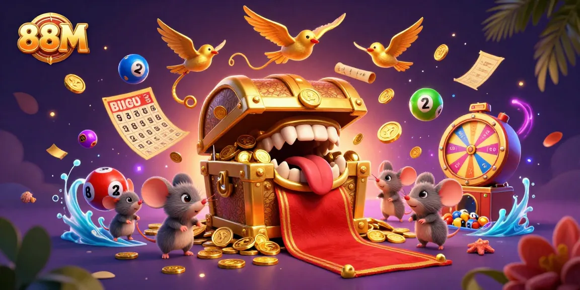 88M lures players with a golden treasure chest and colorful lottery elements in a vibrant casino scene.