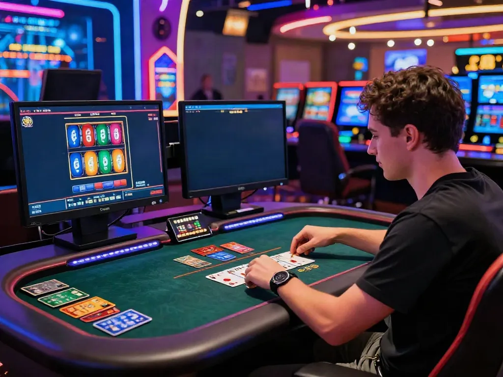 Exciting scene of a player at credit card casino sites, engaging in online gambling with vibrant visuals.