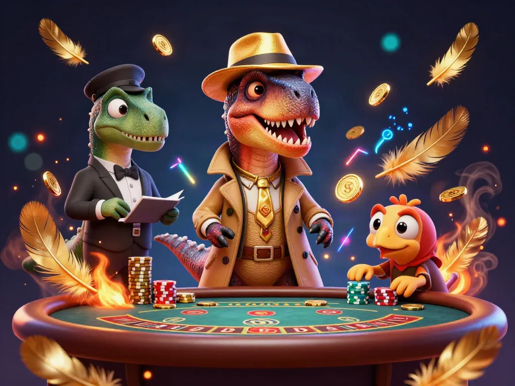 A thrilling blackjack encounter with a velociraptor card counter and a stegosaurus pit boss at ko66's vibrant gaming scene.