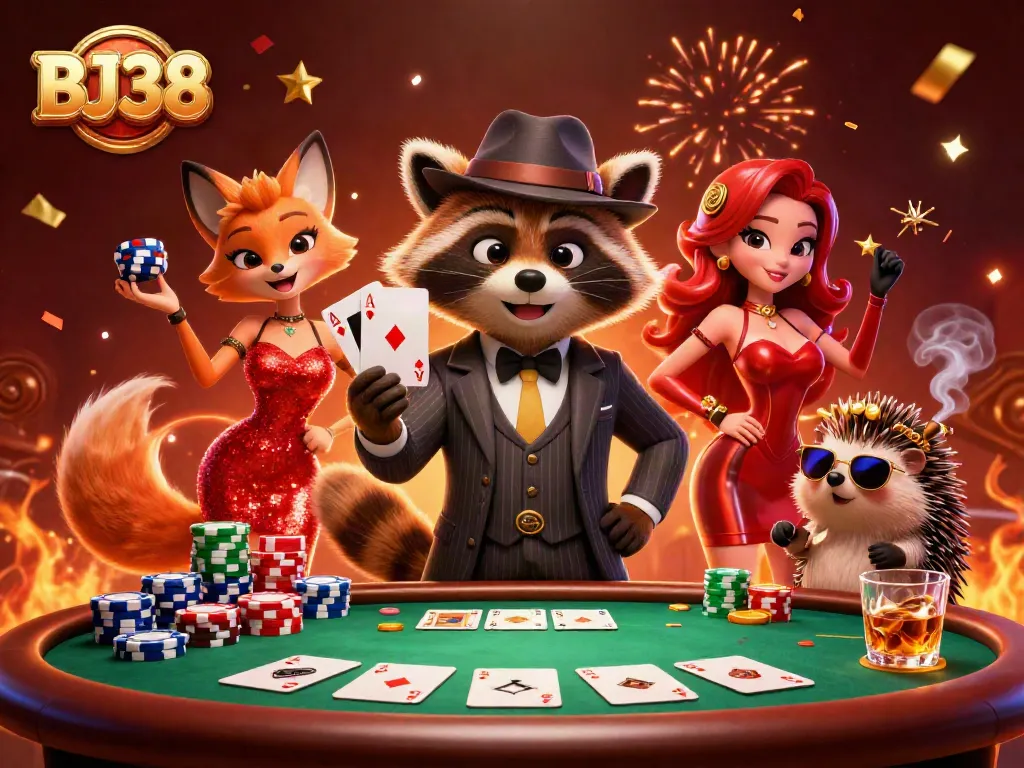 Experience BJ38 excitement with playful cartoon characters at a vibrant poker scene.