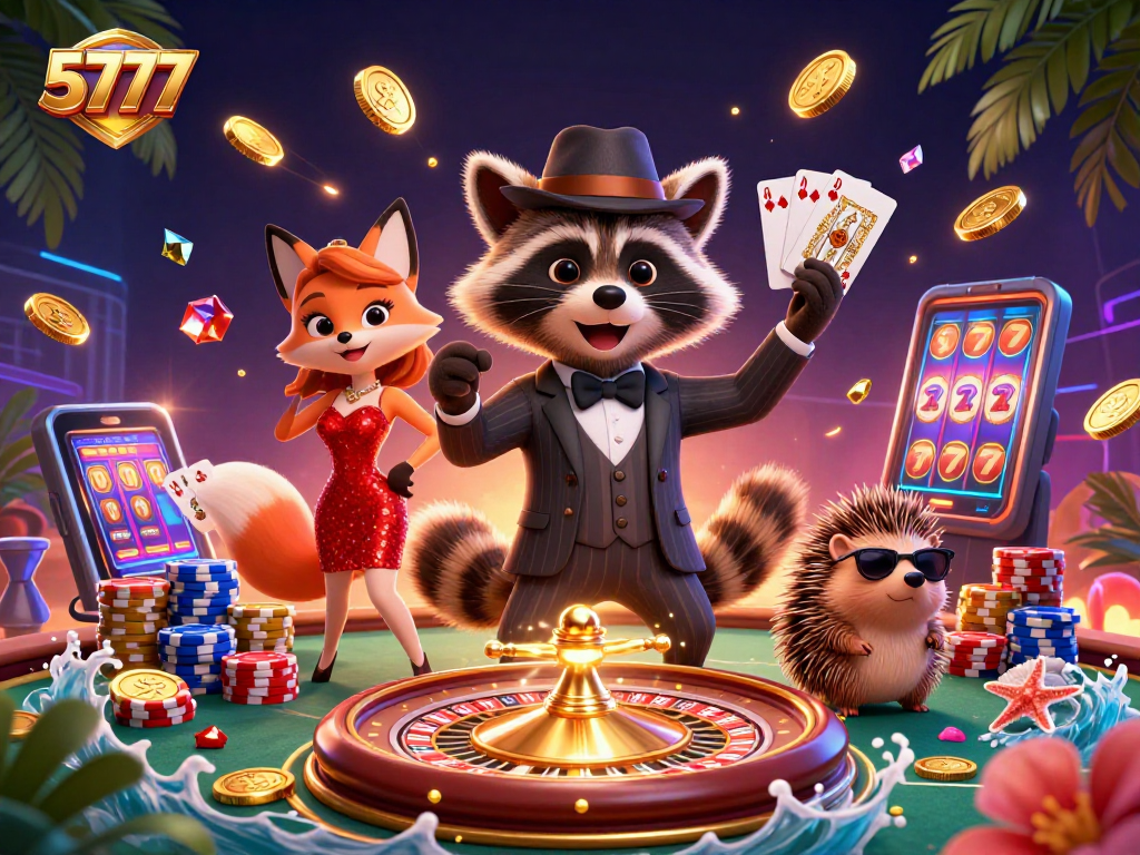 Play at 5777 with a charming raccoon and fox alongside vibrant casino elements.