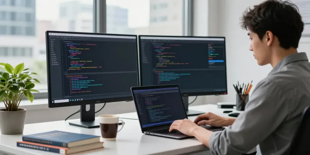 Developer using instant indexing tools at a modern tech workspace with coding displayed on screens.