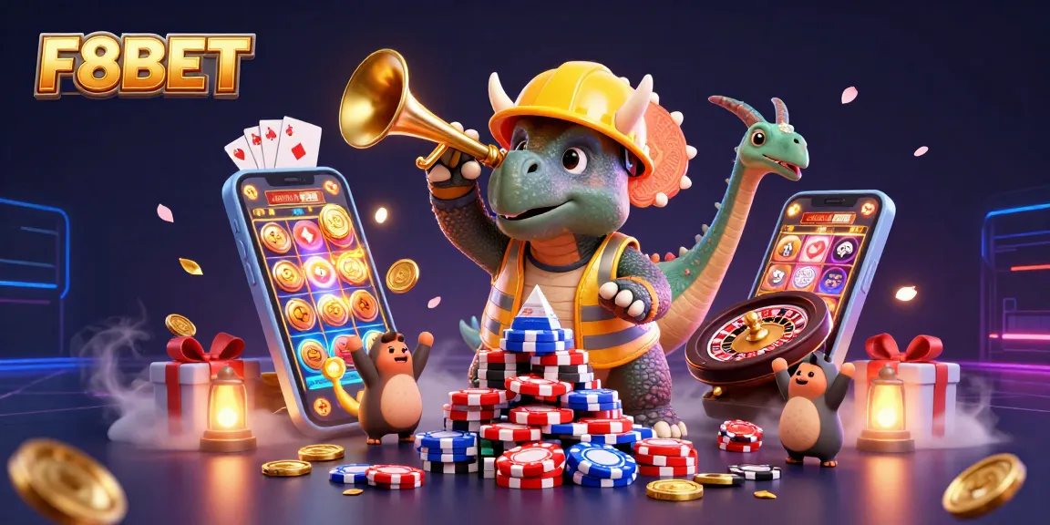 F8BET's colorful casino experience with 3D cartoon characters celebrating gaming wins among slot games and poker chips.