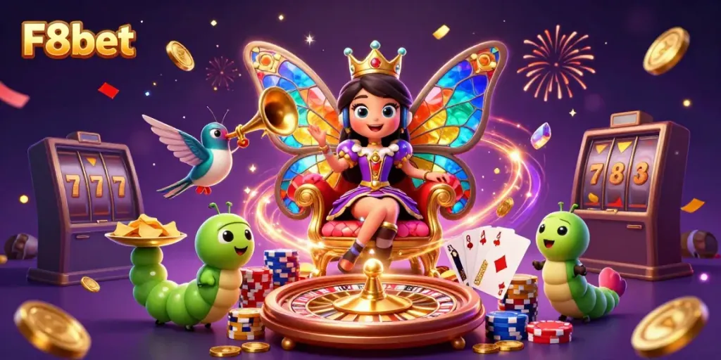 Engage in dazzling gameplay with F8bet featuring a butterfly queen, roulette, and colorful chips.