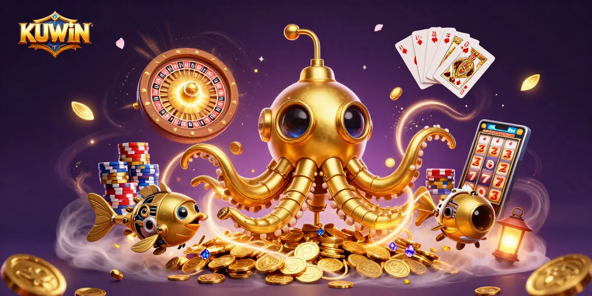 Spin the roulette and win at KUWIN with golden kraken amidst cascading coins and shining gems.