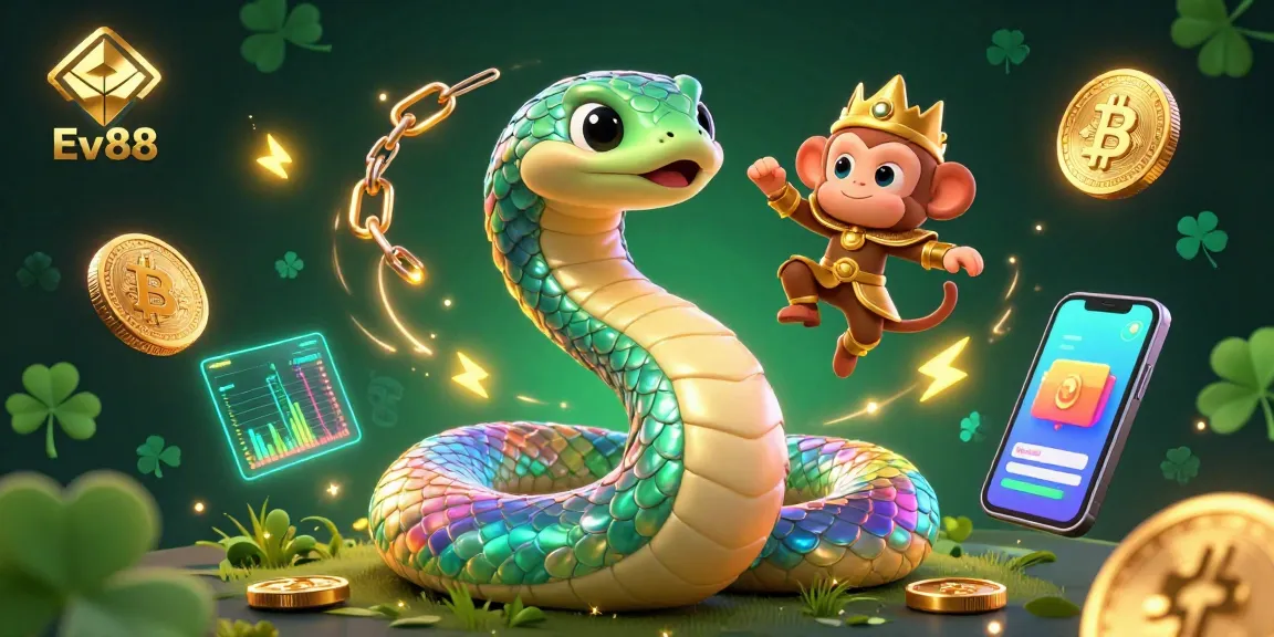 Experience Ev88's captivating magic as the colorful serpent interacts with coins and vibrant gaming elements.