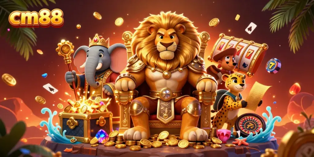 Experience the cm88 thrill with a lion king and his advisors surrounded by casino elements.