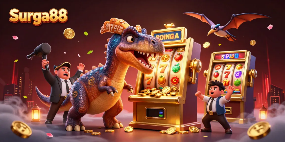 Surga88 slot machine pays out jackpot coins as dinosaurs interact in a vibrant casino scene.