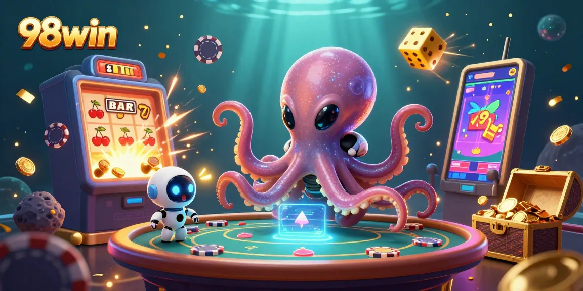 Experience the thrill of 98win with an alien octopus at a holographic poker table in a vibrant casino scene.