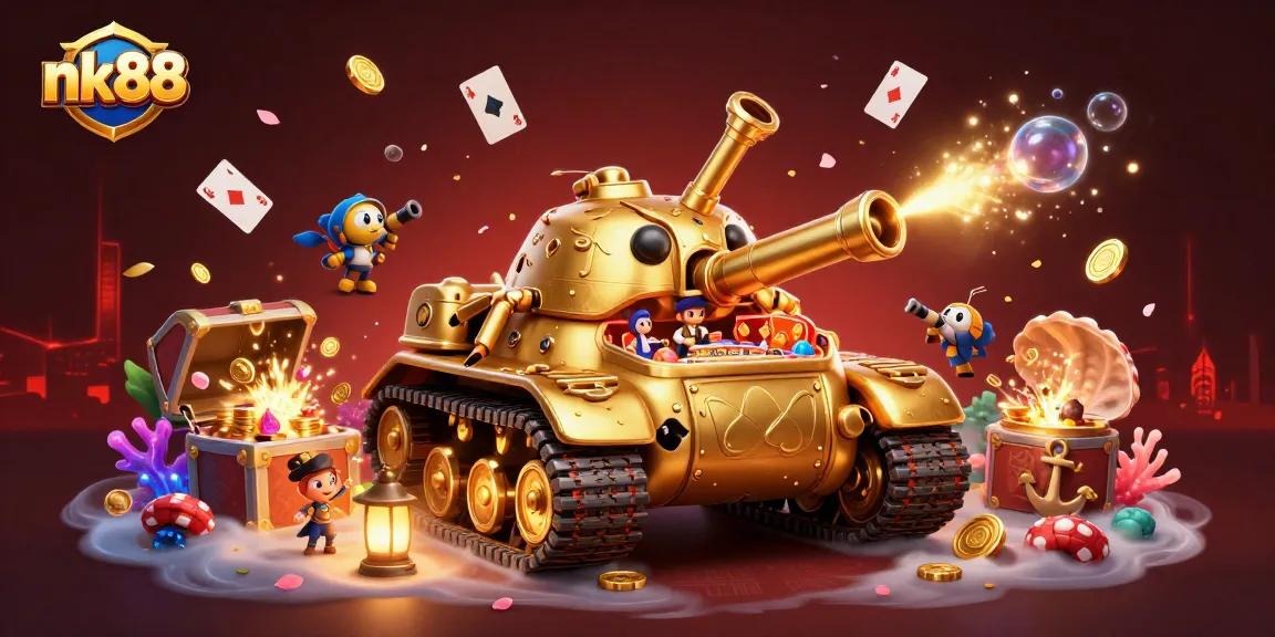 Experience nk88's unique charm with a golden beetle tank casino, exploding treasures, and vibrant gaming action.