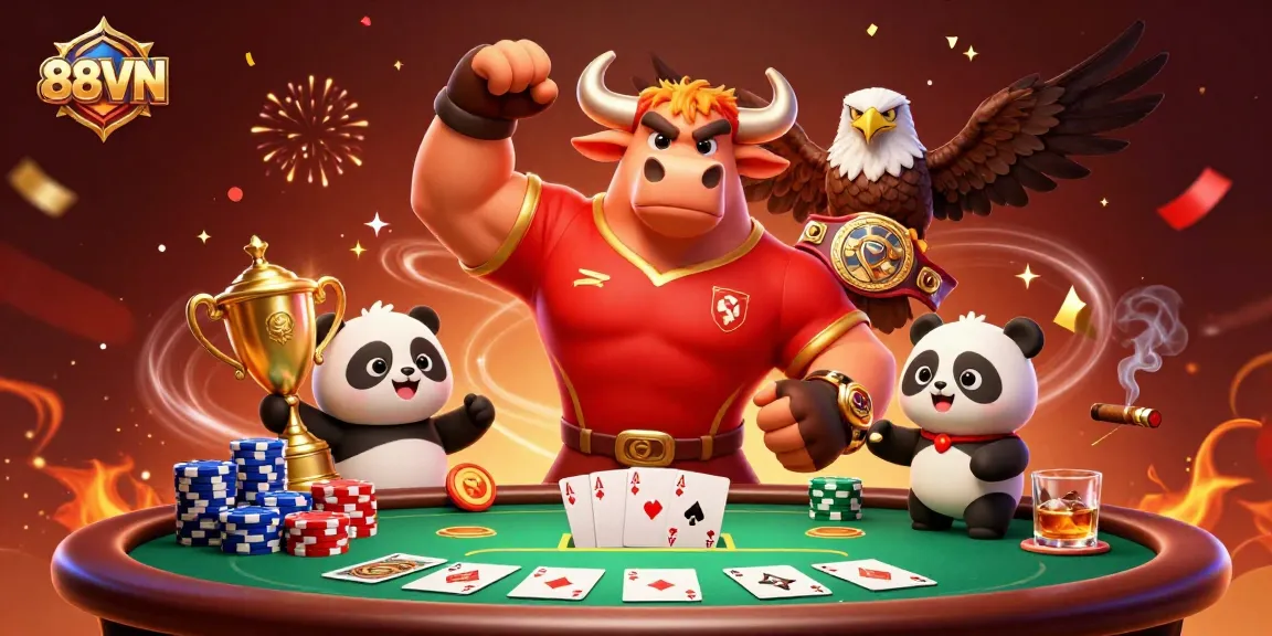 Experience the excitement of 88VN with a dynamic casino scene featuring a victorious bull, eagle, and panda.