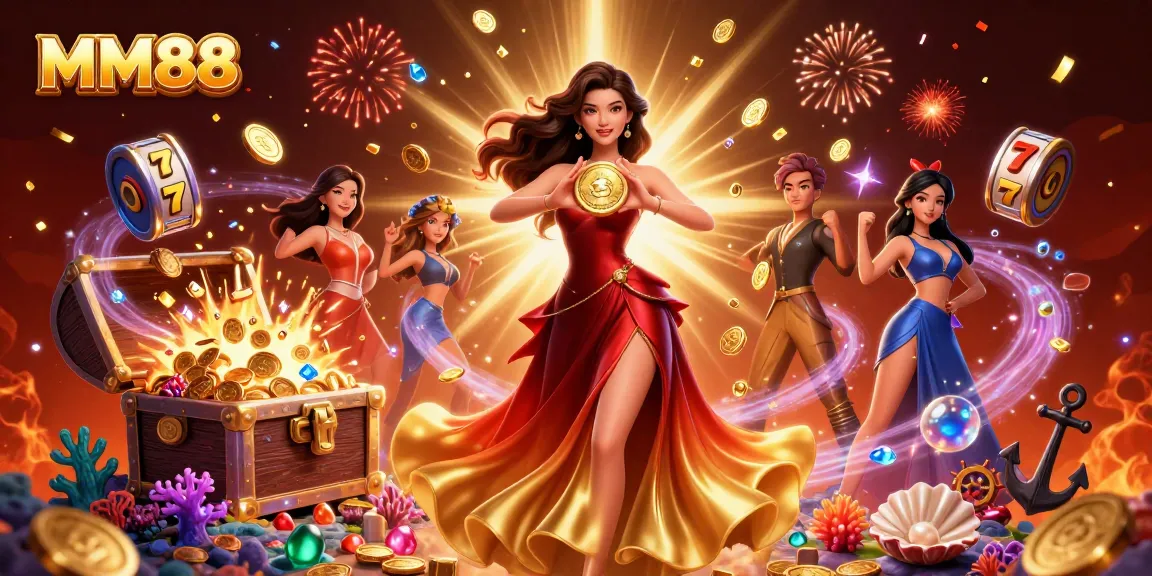 Experience the excitement of MM88 with golden coins and stunning visuals in this dynamic casino scene.