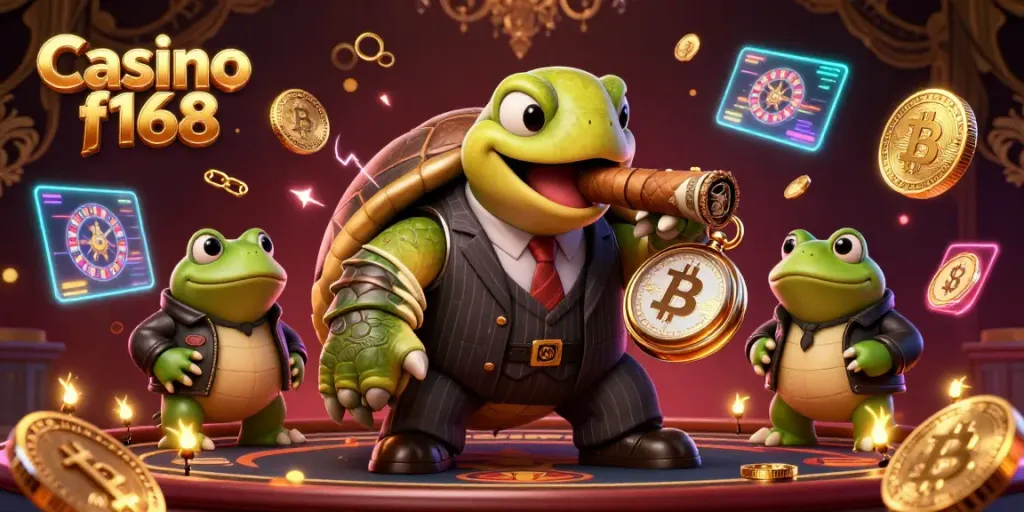 Casino f168 showcases an animated mobster turtle with bullfrog enforcers in a vibrant casino scene.