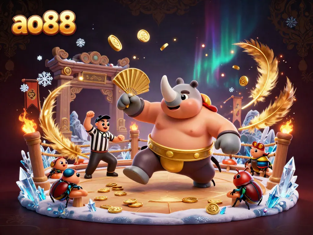 Experience winning with ao88's thrilling casino games in a vibrant beetle battle scene.