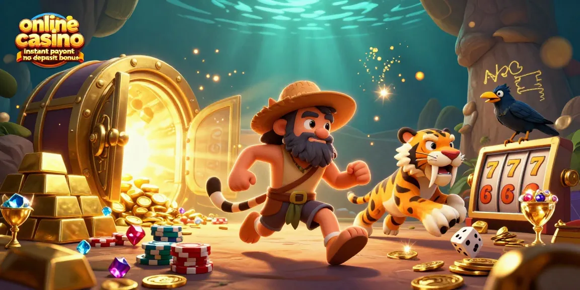 Experience the excitement of online casino instant payout no deposit bonus in this vibrant 3D scene featuring cavemen and treasures.