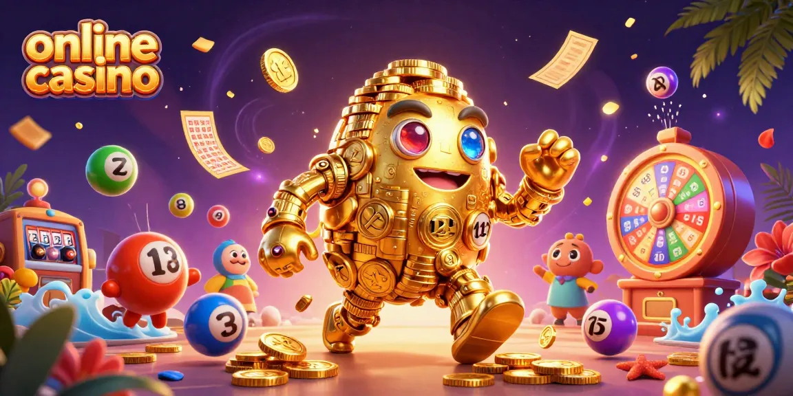 A golden golem and colorful lottery elements symbolize the excitement of an online casino experience.