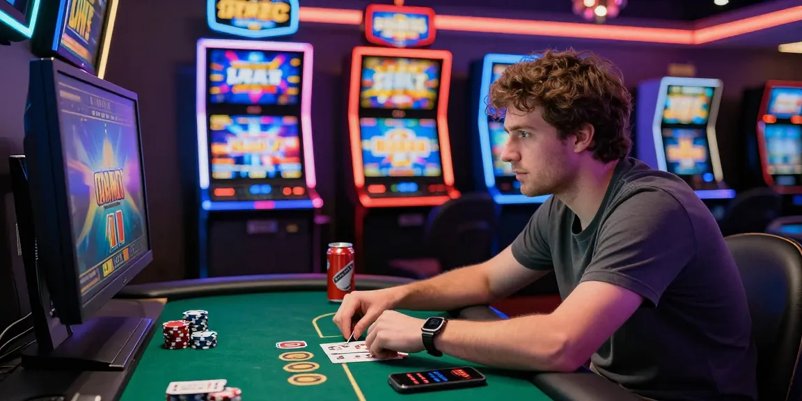 Enthusiastic player engaging in Slotmaxwin online poker with vibrant slot machines in the background.