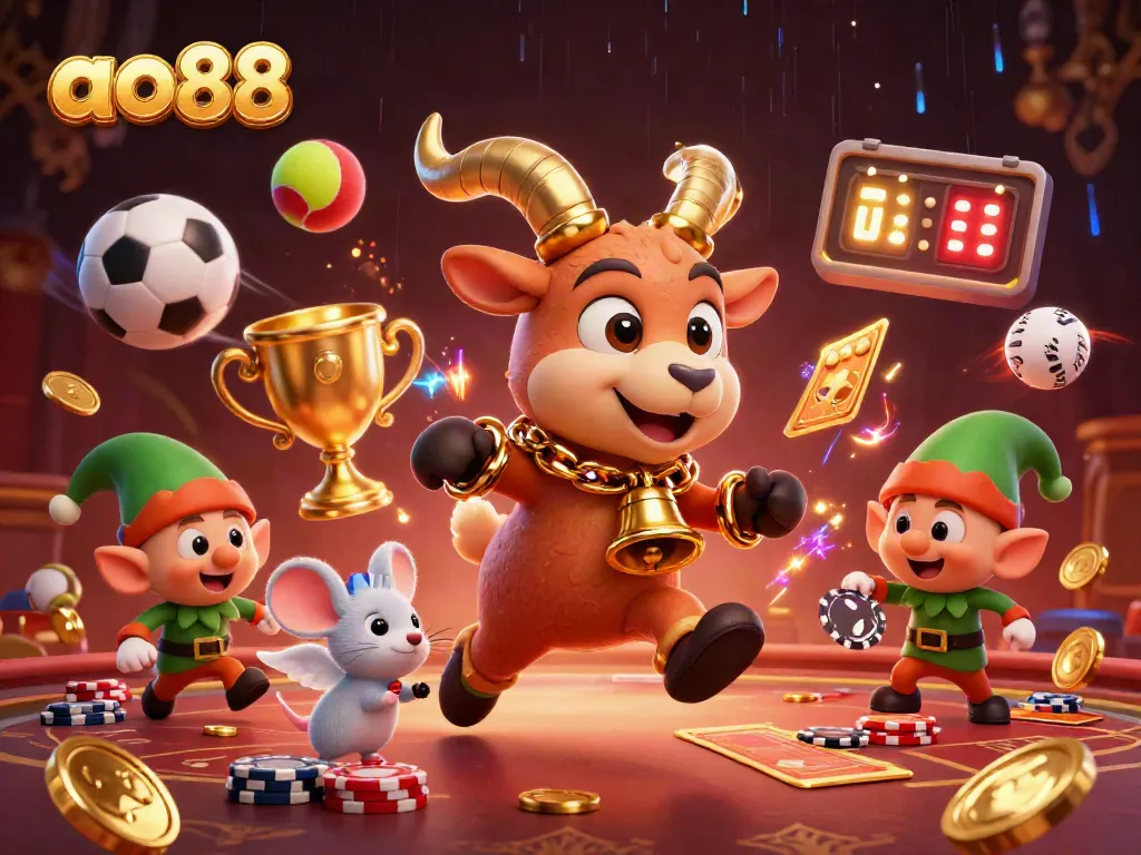 Experience thrilling gameplay at ao88 casino, featuring a lively 3D scene of festive characters amid dynamic gaming elements.