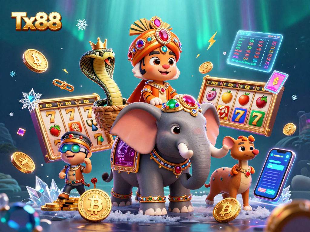 Experience the excitement of Tx88 with a vibrant 3D casino scene featuring a majestic maharaja tiger and elements of slot games.