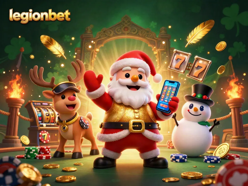 Engage with legionbet as Santa and friends enjoy vibrant casino games in a dynamic 3D illustration.