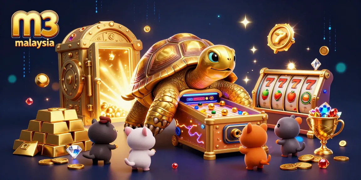 Experience the excitement of m3 online casino malaysia with a golden tortoise and vibrant casino elements.