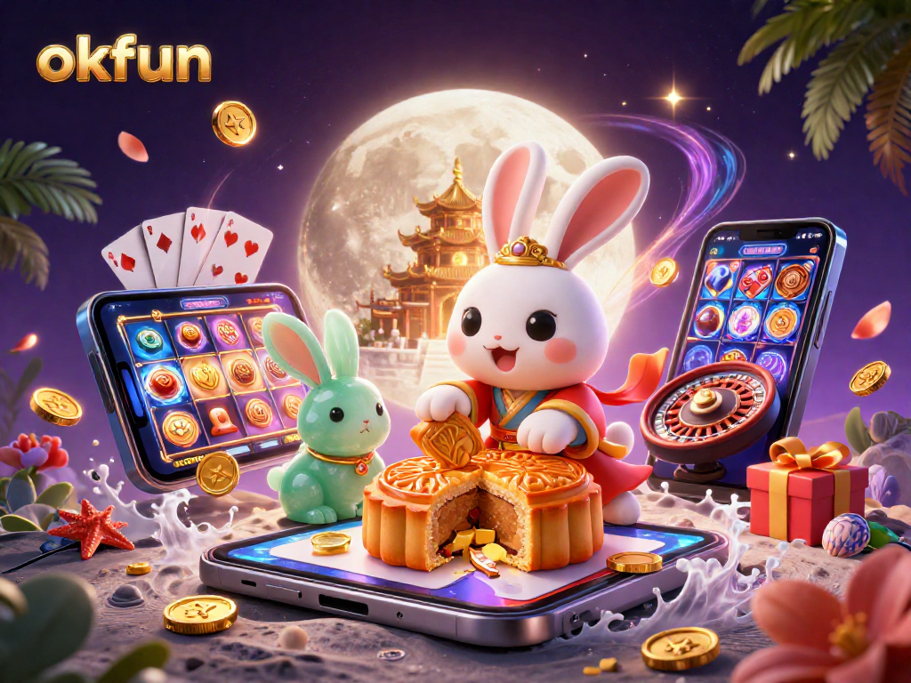 Join the thrilling action at okfun with a vibrant casino moon rabbit scene featuring poker chips and slot gaming elements.