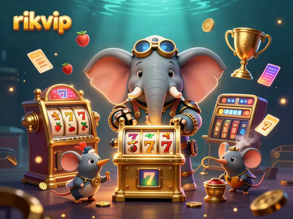 Win big with rikvip at this colorful, exciting slot machine scene featuring a steampunk elephant!